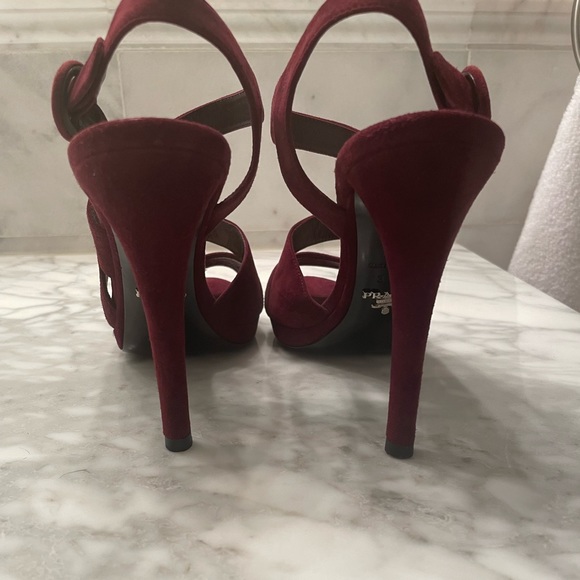 Prada Suede Plum Asymmetrical Triple Strap Platform Sandal - Picture 8 of 8